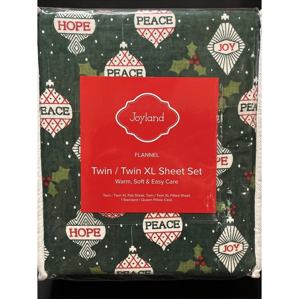 Joyland Flannel Twin/Twin XL Sheet Set Green Peace Joy Hope Christmas New